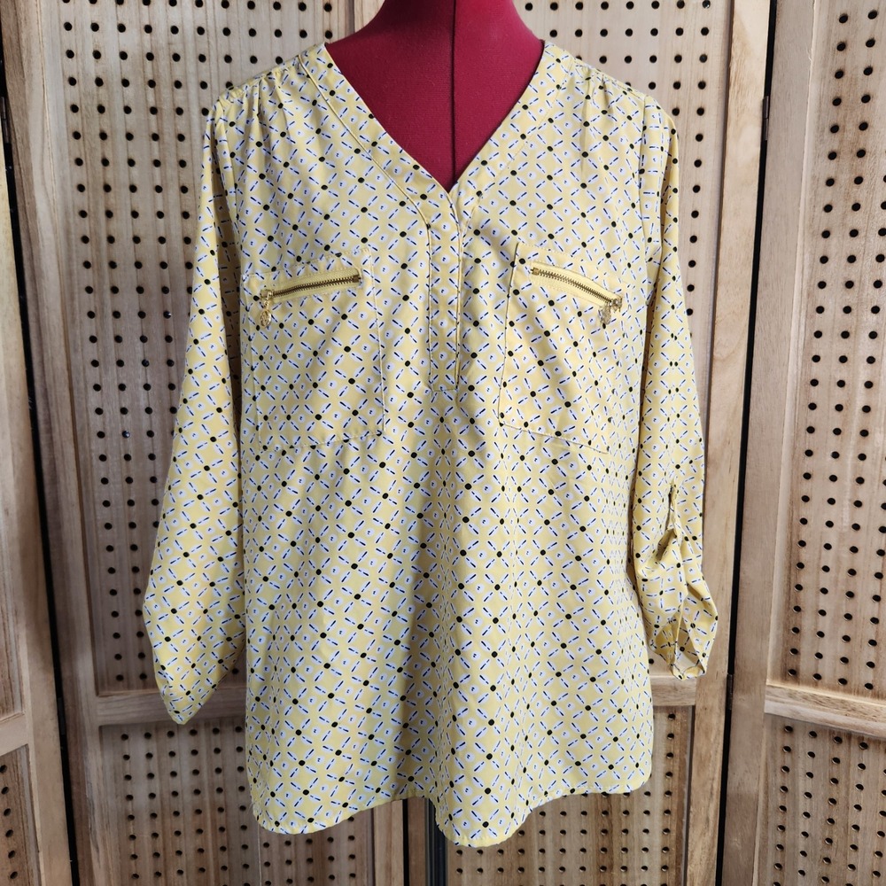 Adrienne Vittadini Yellow Geometric Print Long Sleeve Blouse‎ Top